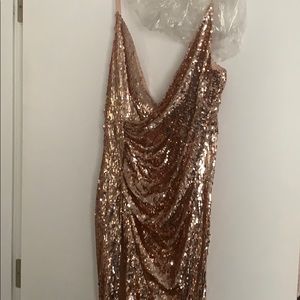 Sequin rose gold thigh slit gown